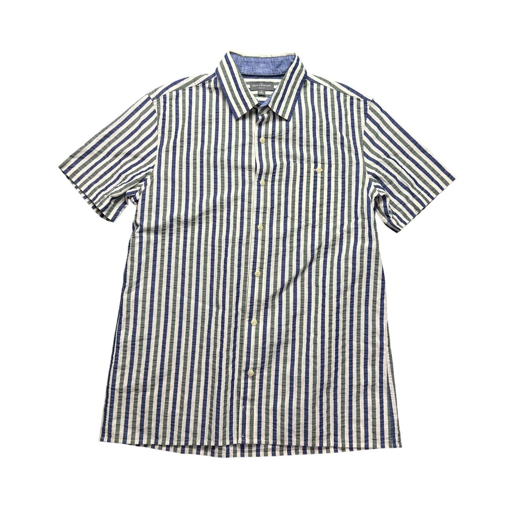 LL Bean Signature Mens Slim Fit Seersucker Button Down Shirt Stripe Blue Green M
